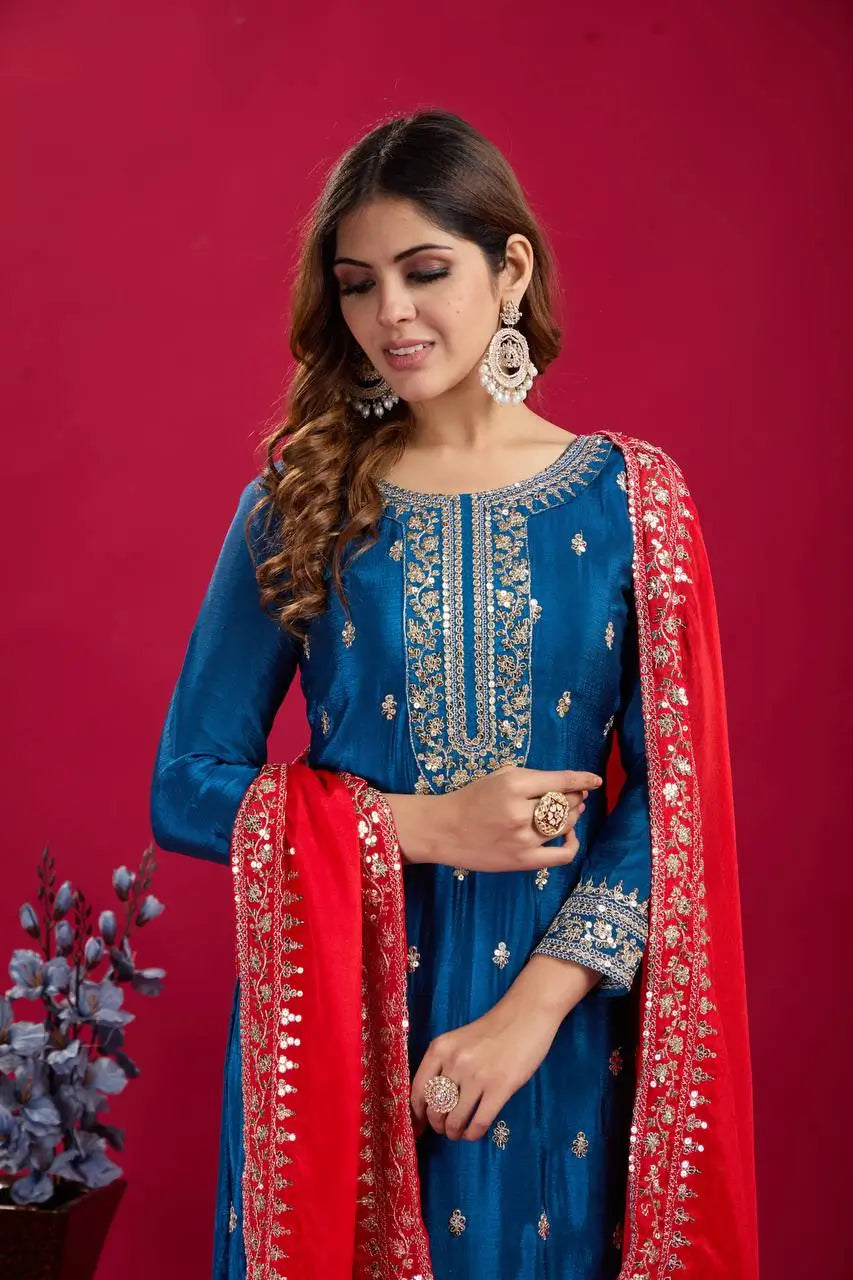 Embroidered Chinnon Silk Suit Set with Dupatta
