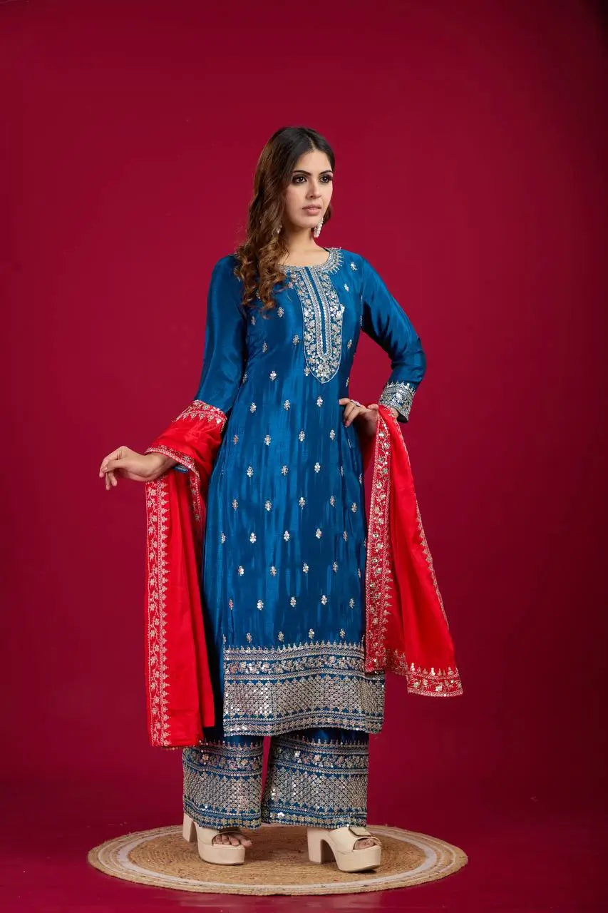 Embroidered Chinnon Silk Suit Set with Dupatta