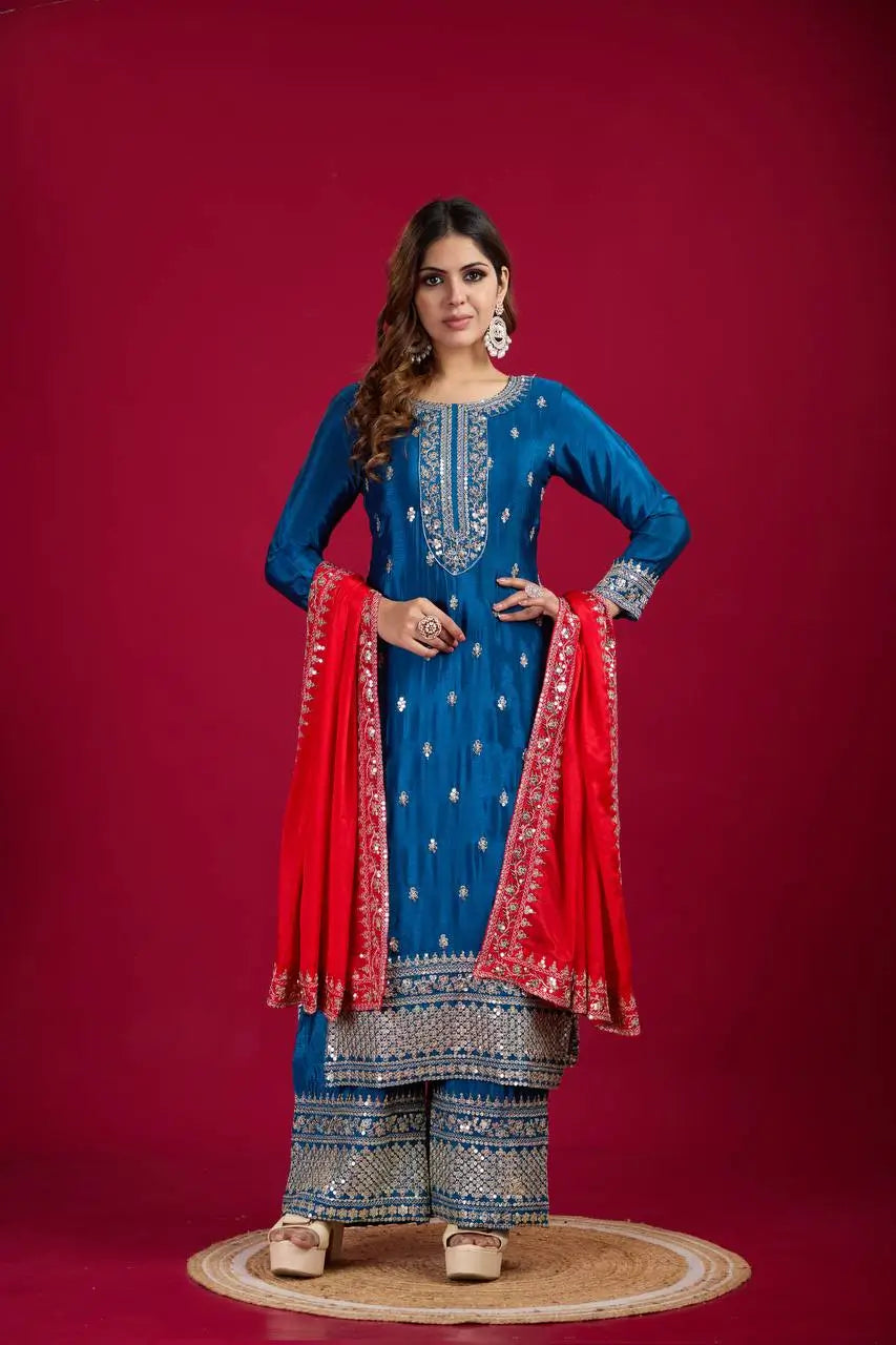 Embroidered Chinnon Silk Suit Set with Dupatta