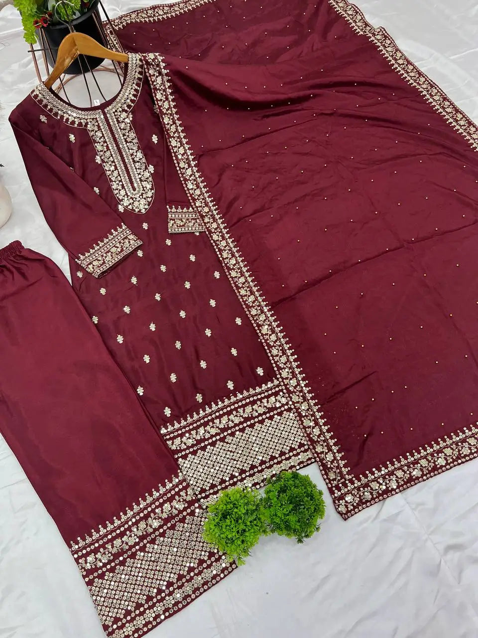 Embroidered Chinnon Silk Suit Set with Dupatta
