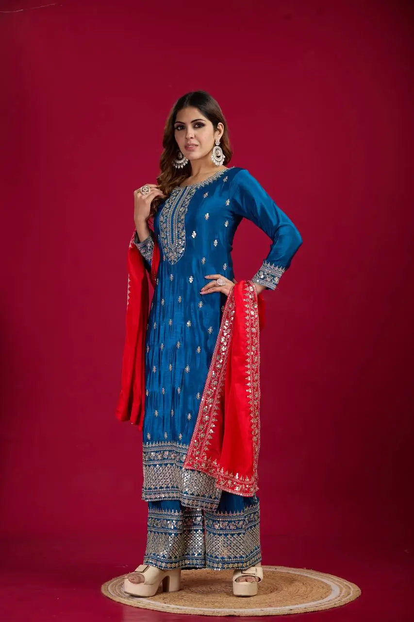 Embroidered Chinnon Silk Suit Set with Dupatta