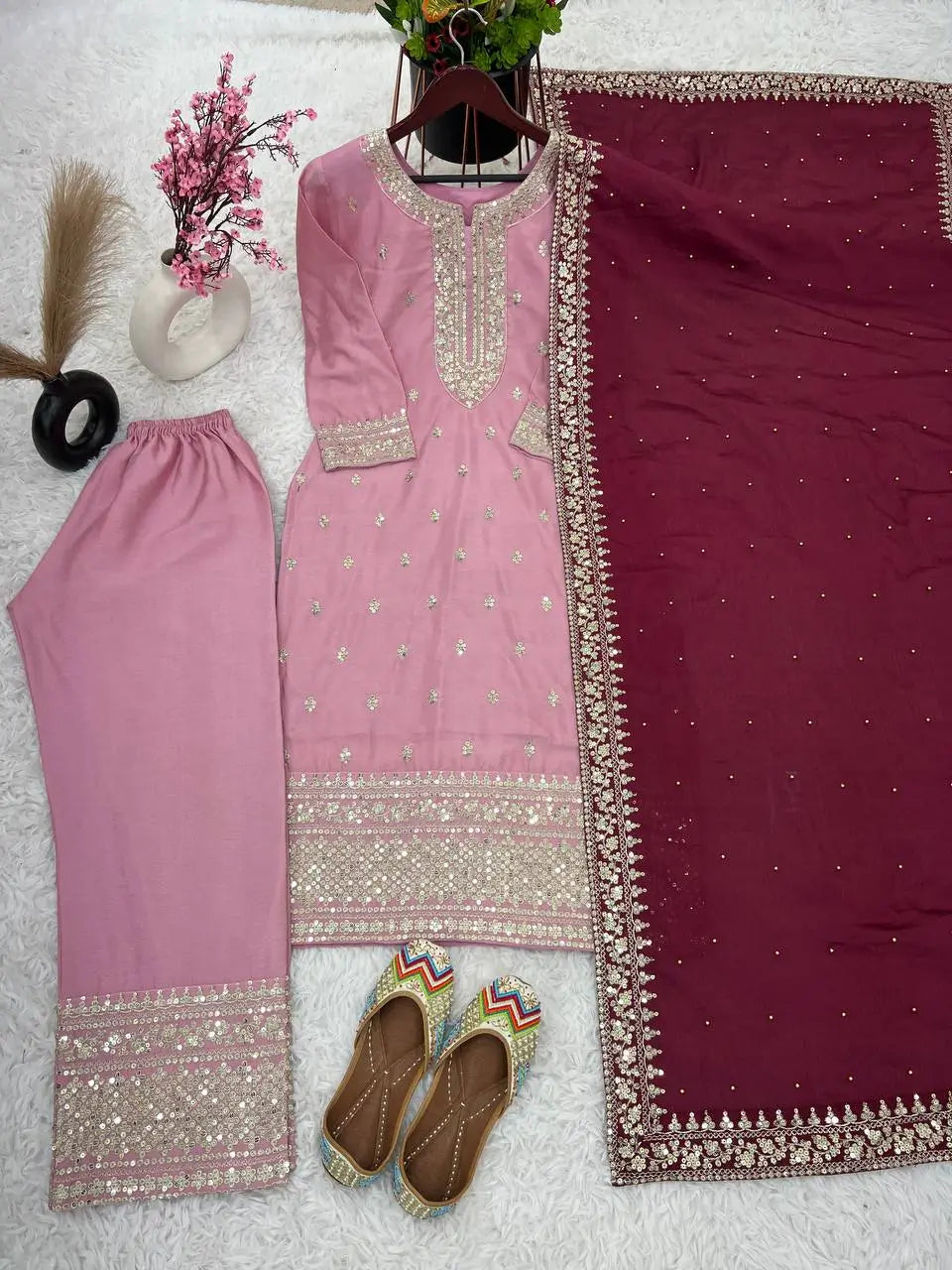 Embroidered Chinnon Silk Suit Set with Dupatta