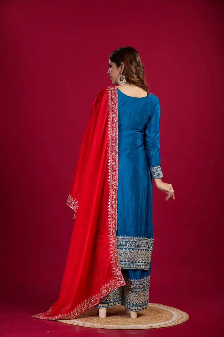Embroidered Chinnon Silk Suit Set with Dupatta