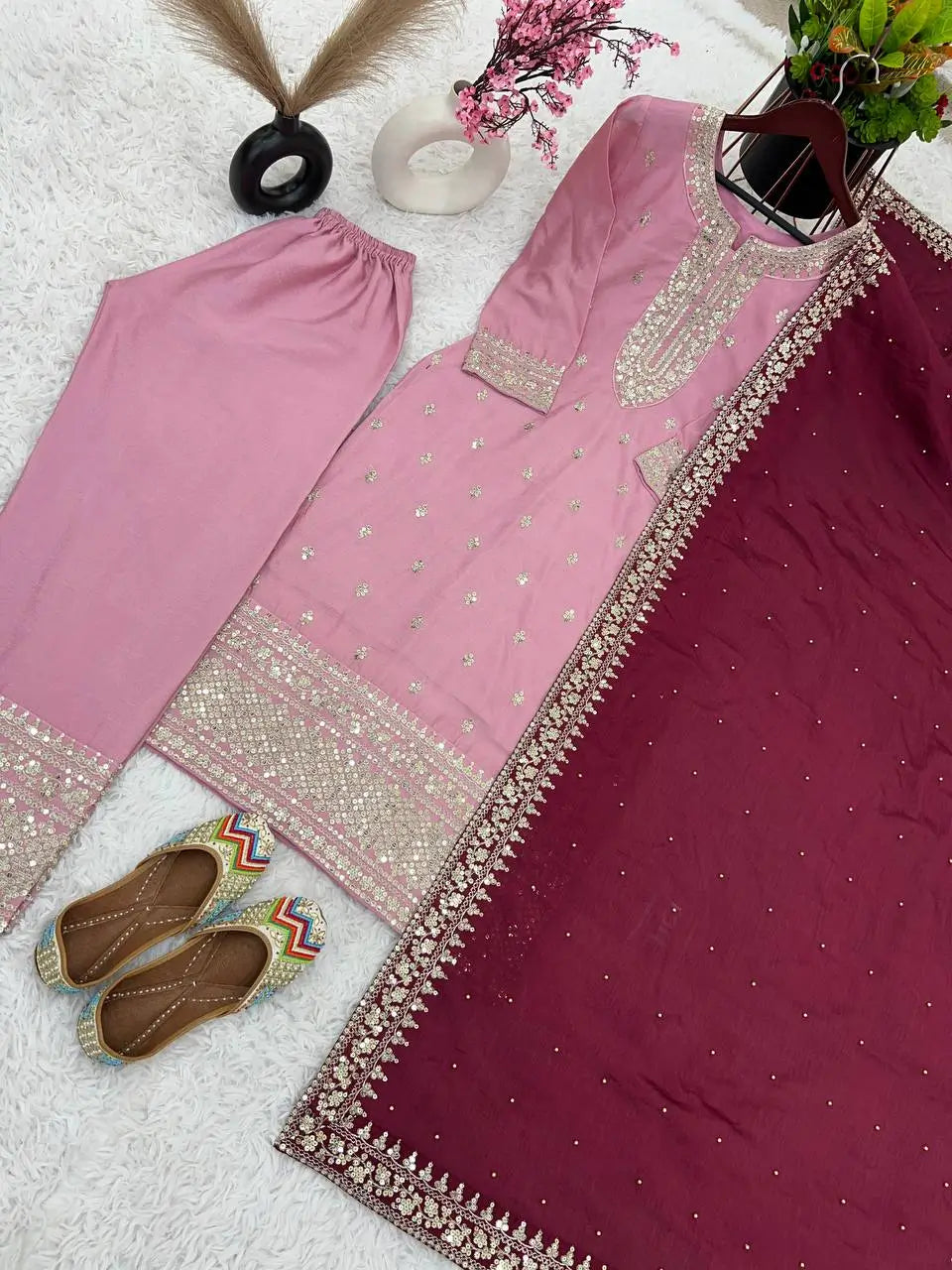 Embroidered Chinnon Silk Suit Set with Dupatta