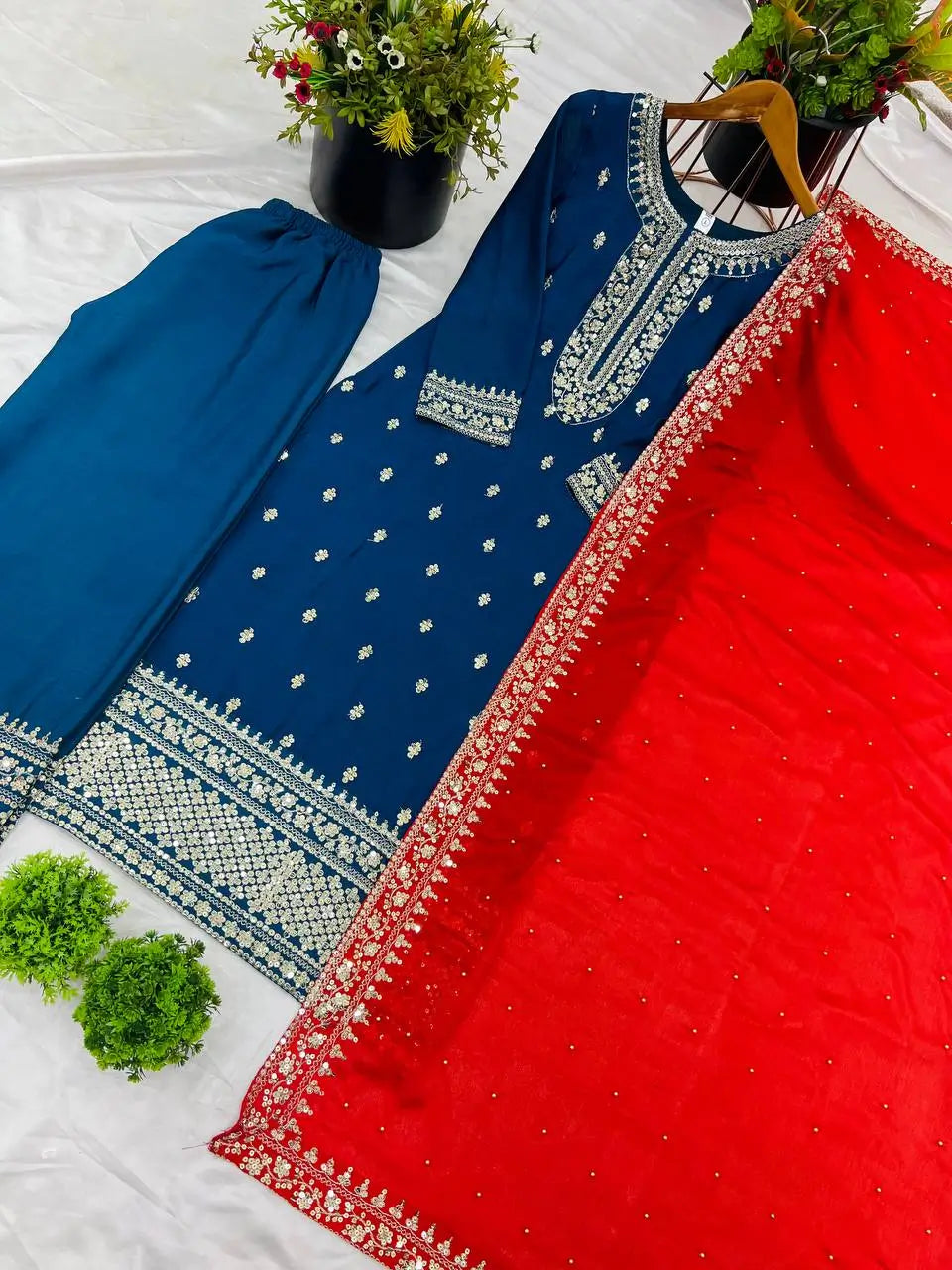 Embroidered Chinnon Silk Suit Set with Dupatta