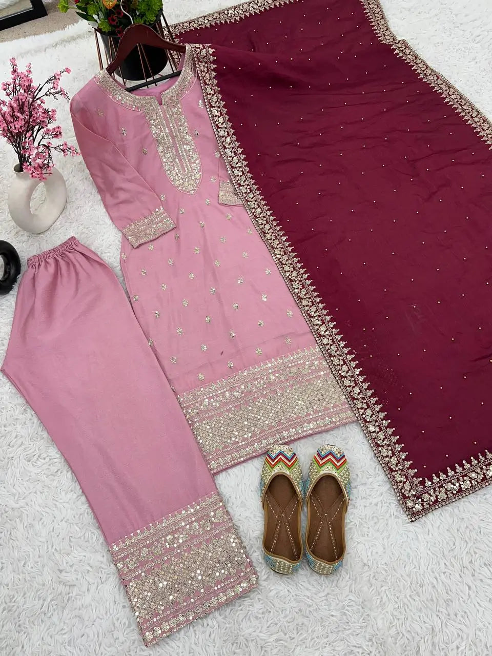 Embroidered Chinnon Silk Suit Set with Dupatta