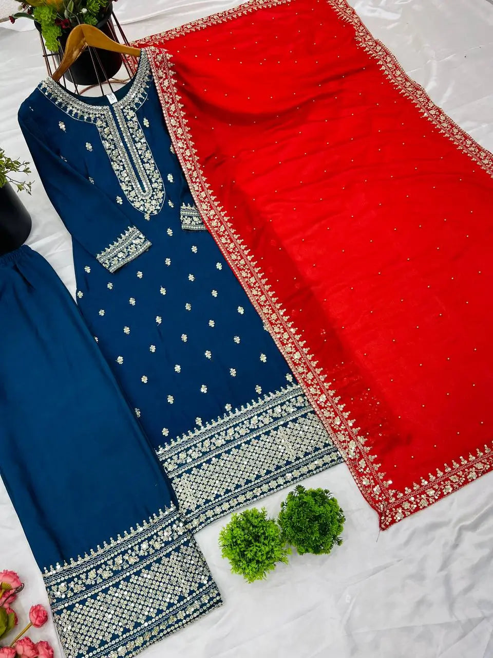 Embroidered Chinnon Silk Suit Set with Dupatta