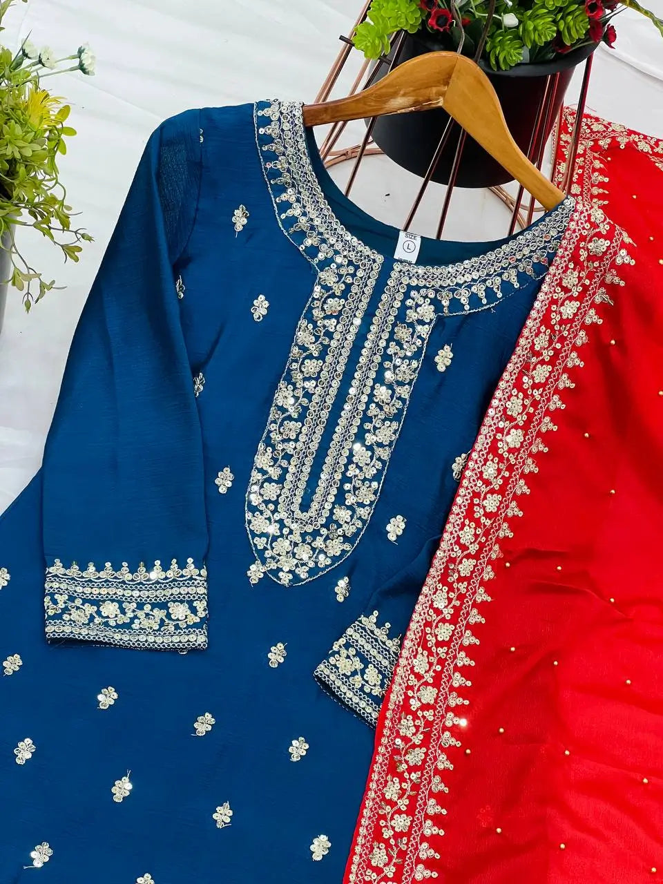 Embroidered Chinnon Silk Suit Set with Dupatta