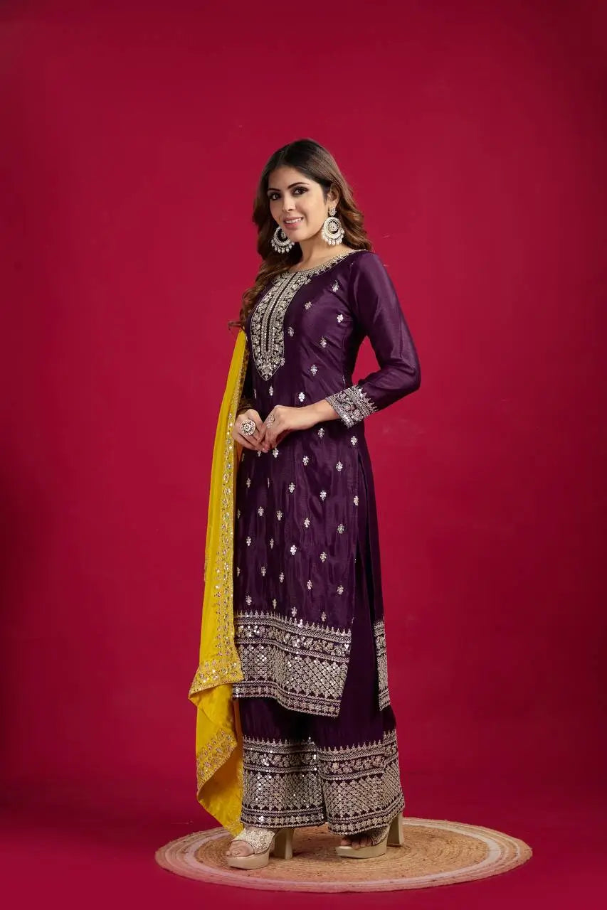 Embroidered Chinnon Silk Suit Set with Dupatta