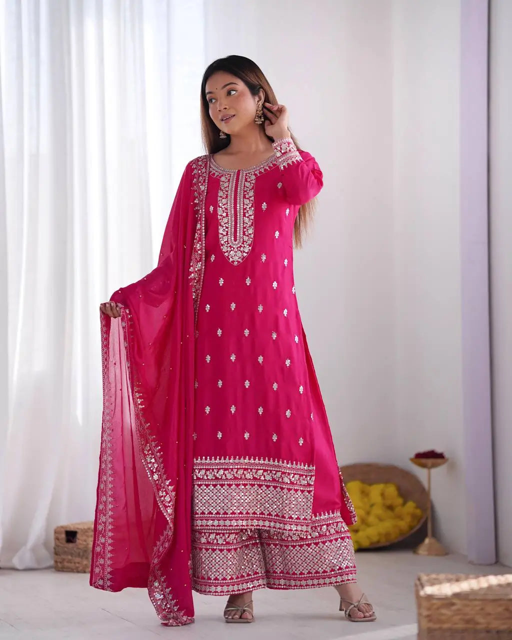 Embroidered Chinnon Silk Suit Set with Dupatta