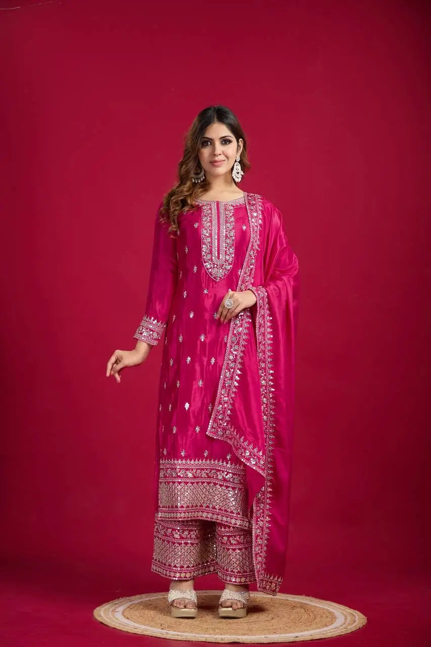 Embroidered Chinnon Silk Suit Set with Dupatta