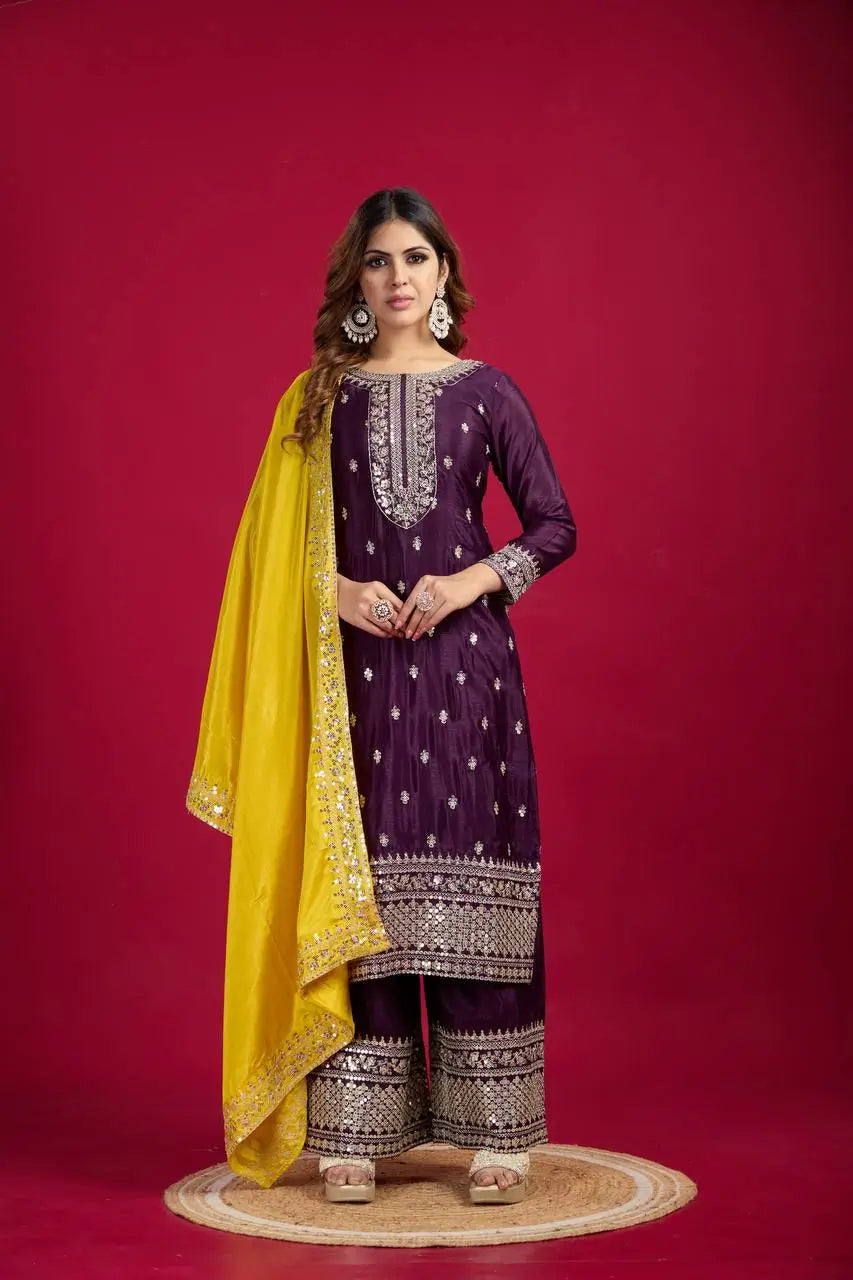 Embroidered Chinnon Silk Suit Set with Dupatta
