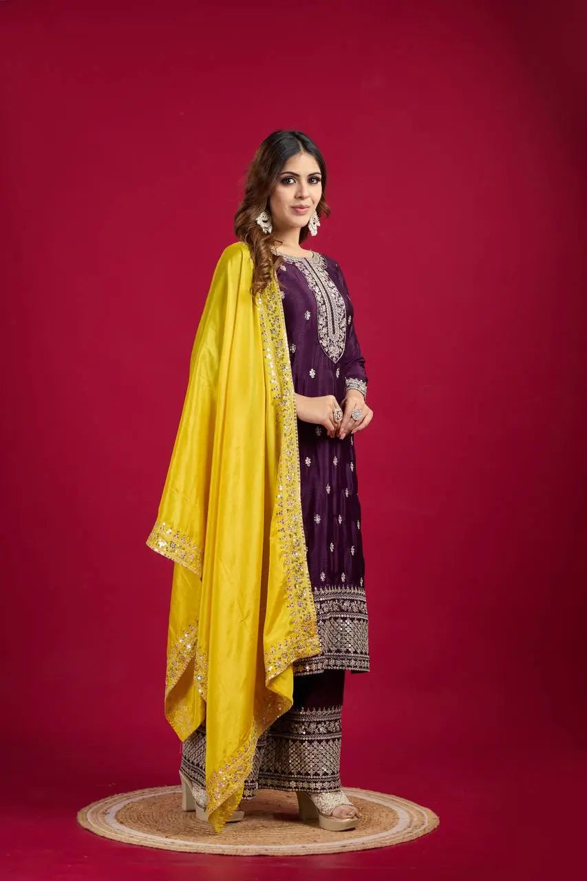Embroidered Chinnon Silk Suit Set with Dupatta