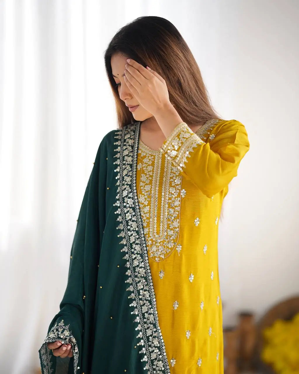 Embroidered Chinnon Silk Suit Set with Dupatta