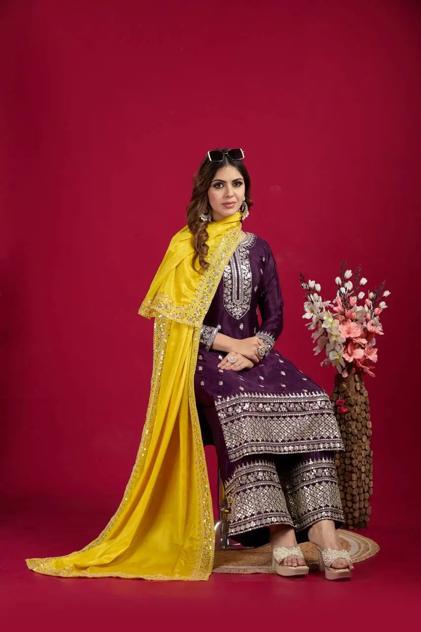 Embroidered Chinnon Silk Suit Set with Dupatta