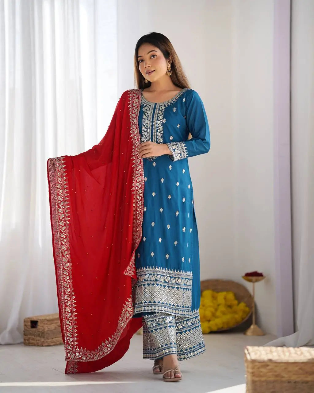 Embroidered Chinnon Silk Suit Set with Dupatta