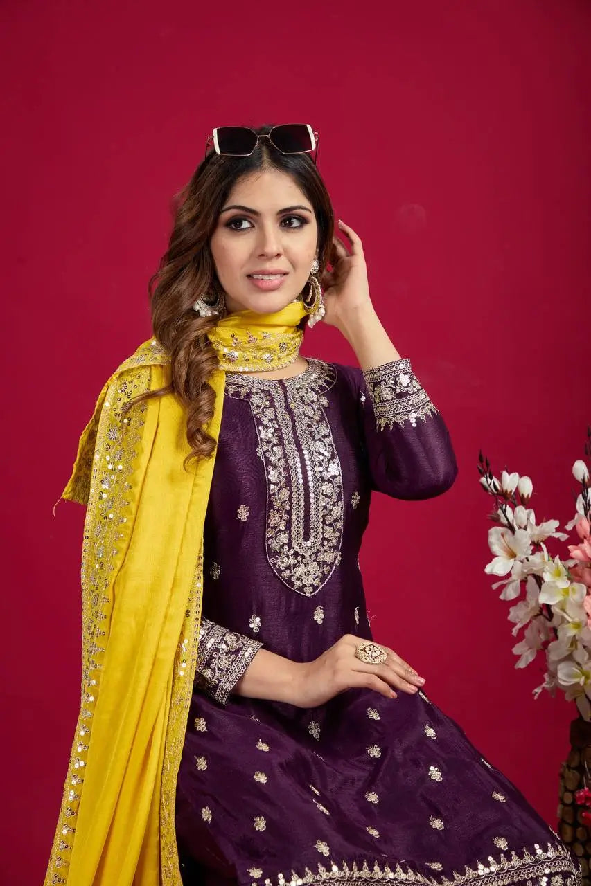 Embroidered Chinnon Silk Suit Set with Dupatta