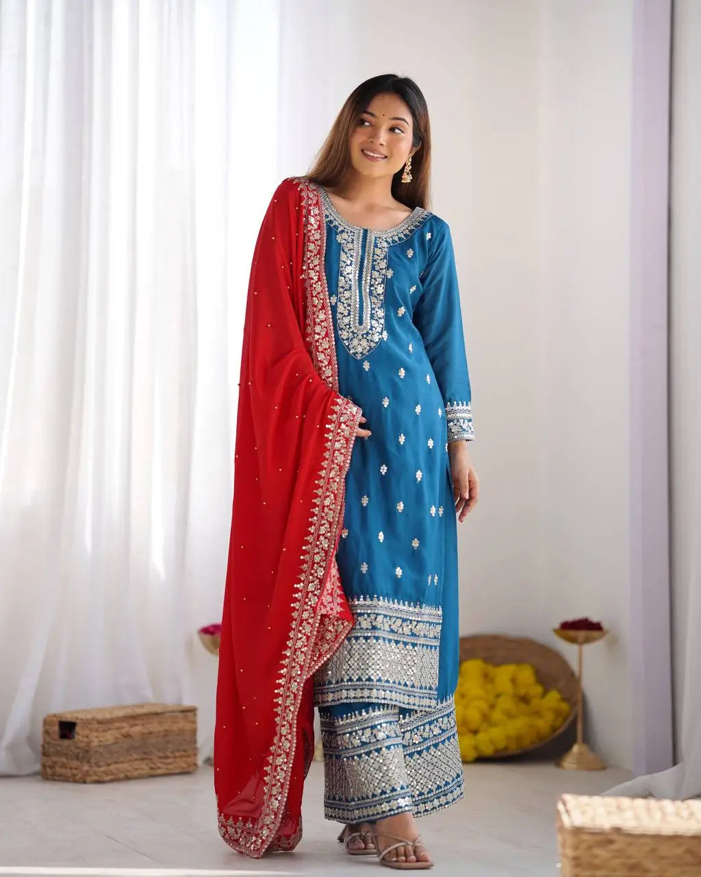 Embroidered Chinnon Silk Suit Set with Dupatta