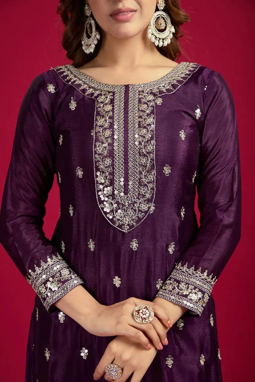 Embroidered Chinnon Silk Suit Set with Dupatta