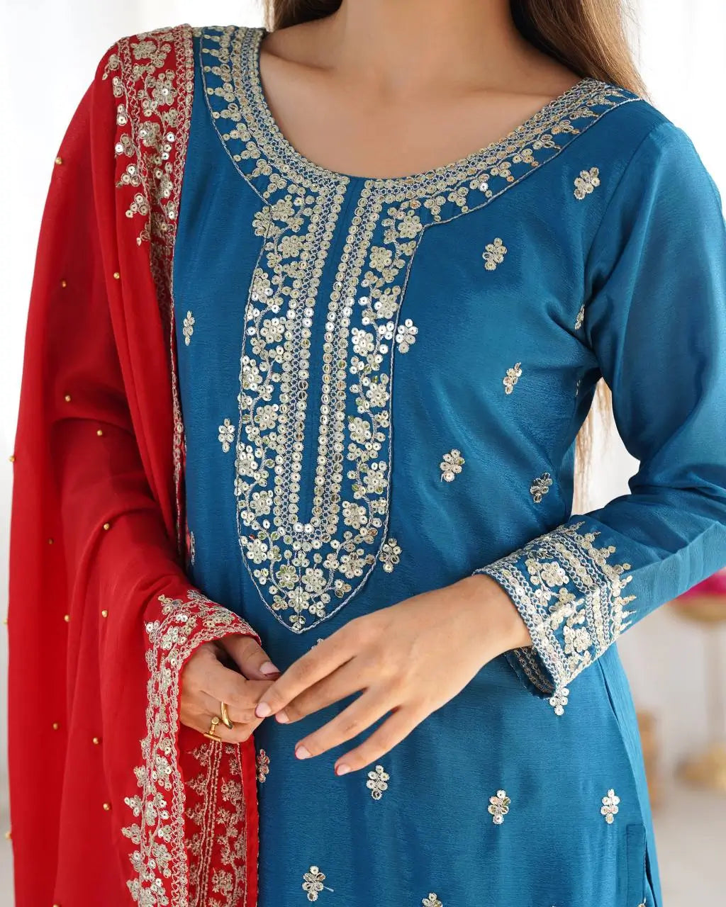 Embroidered Chinnon Silk Suit Set with Dupatta