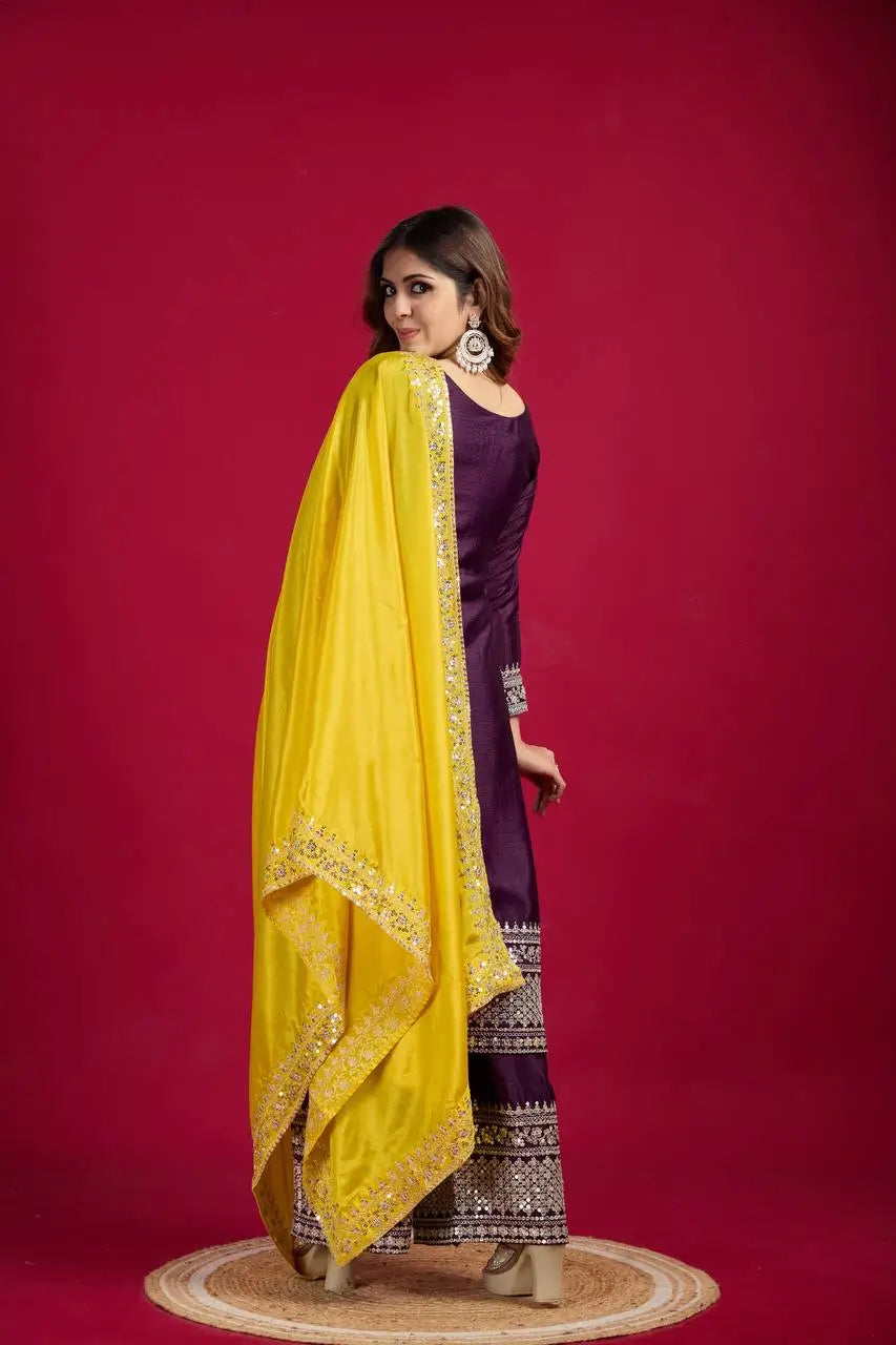 Embroidered Chinnon Silk Suit Set with Dupatta