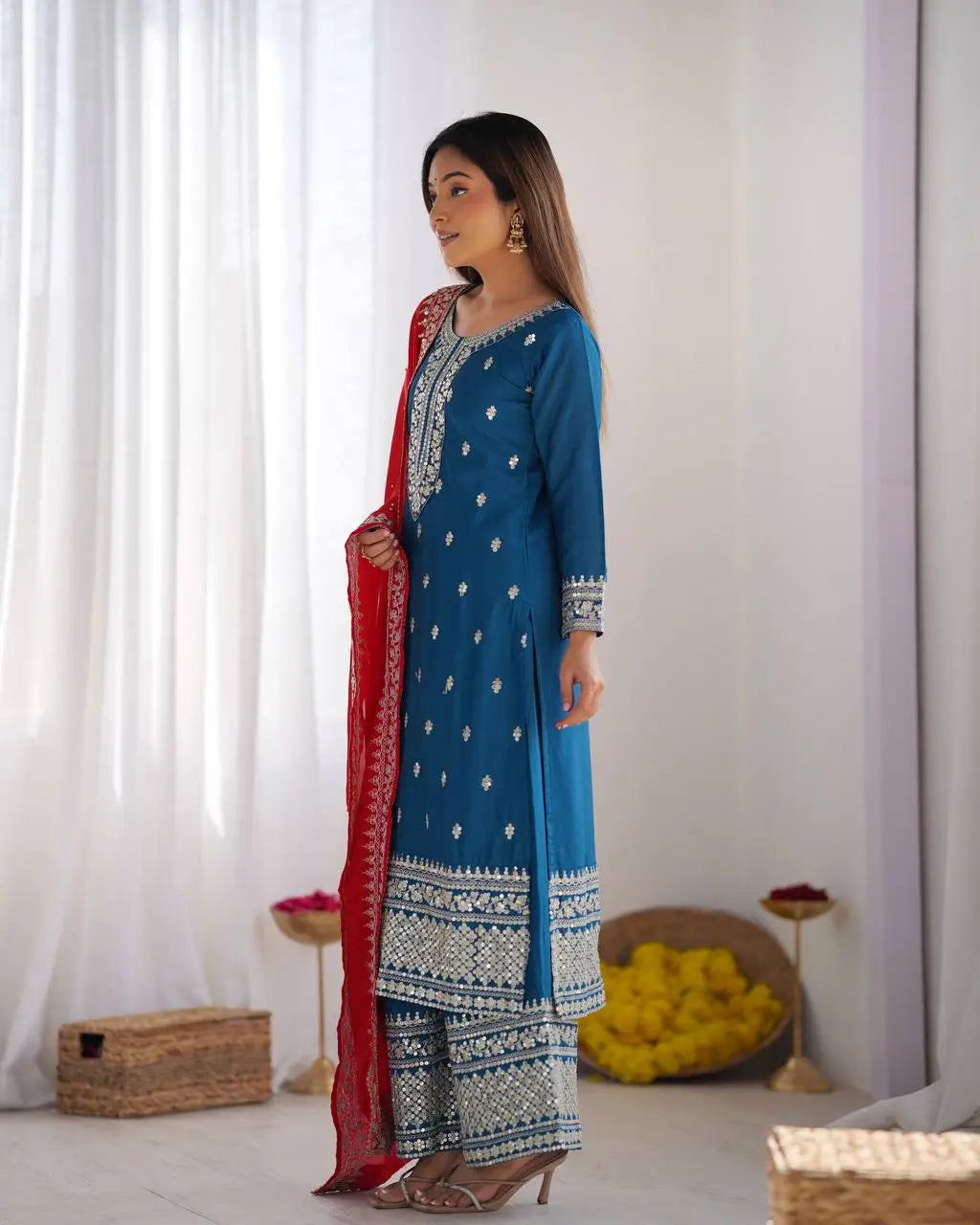 Embroidered Chinnon Silk Suit Set with Dupatta