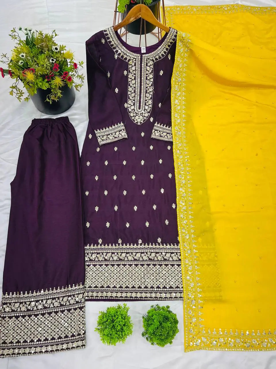 Embroidered Chinnon Silk Suit Set with Dupatta