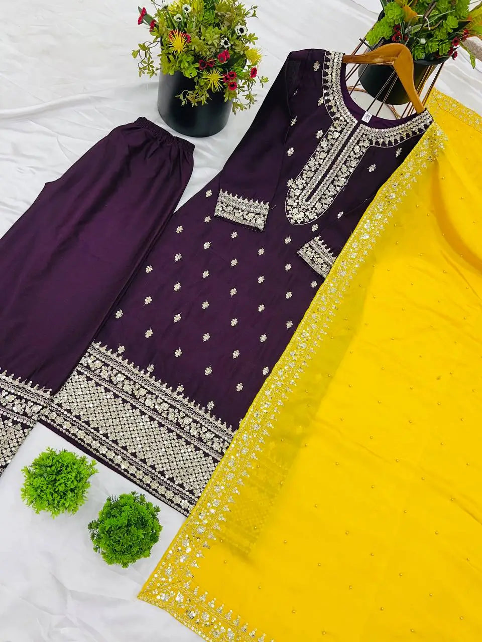 Embroidered Chinnon Silk Suit Set with Dupatta