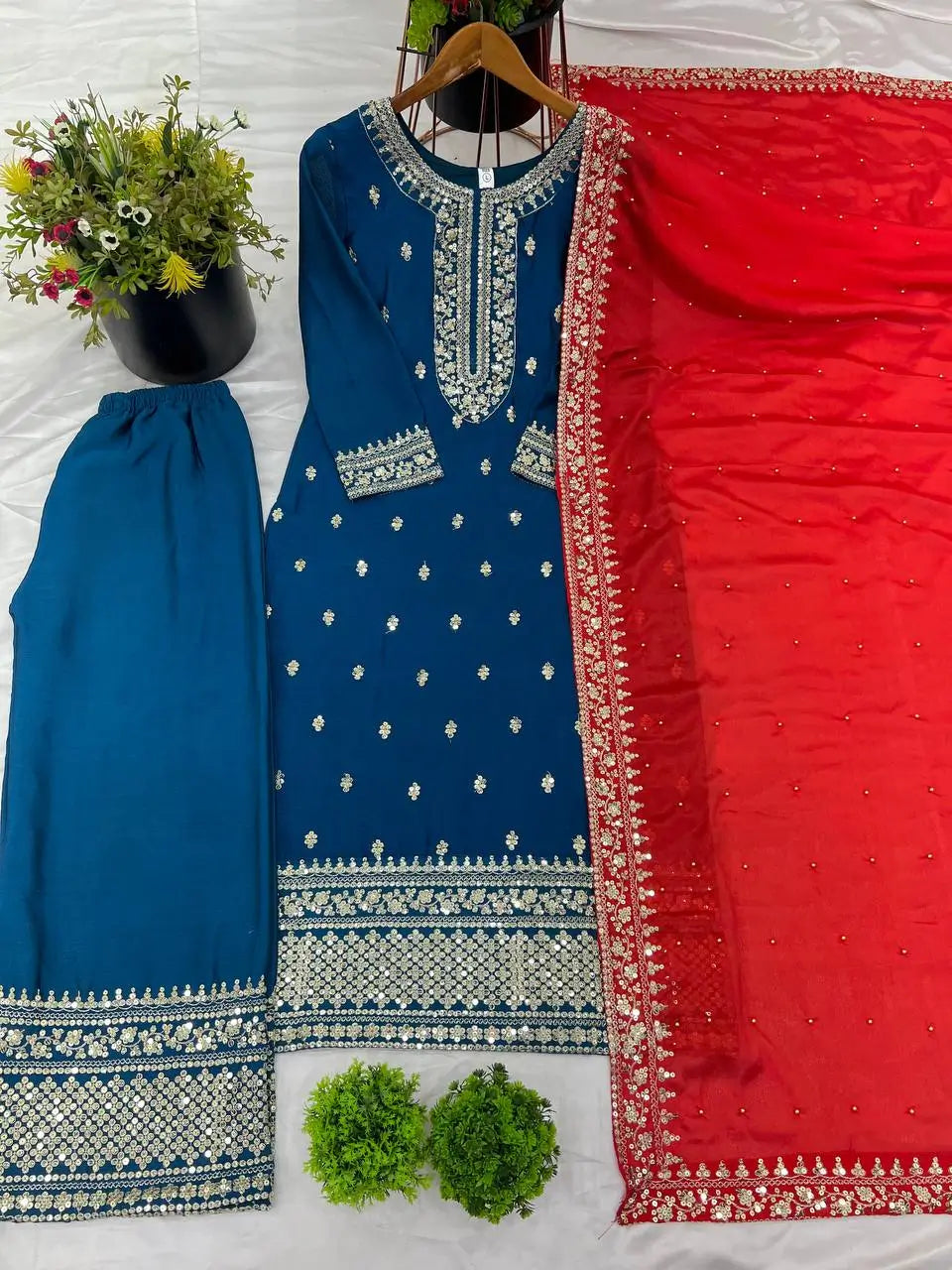 Embroidered Chinnon Silk Suit Set with Dupatta