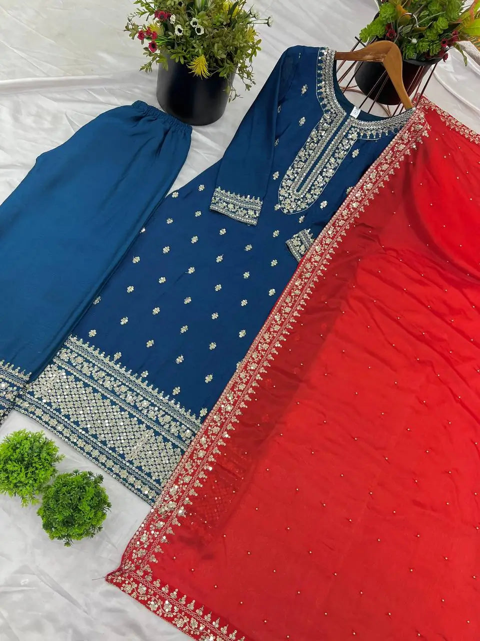Embroidered Chinnon Silk Suit Set with Dupatta