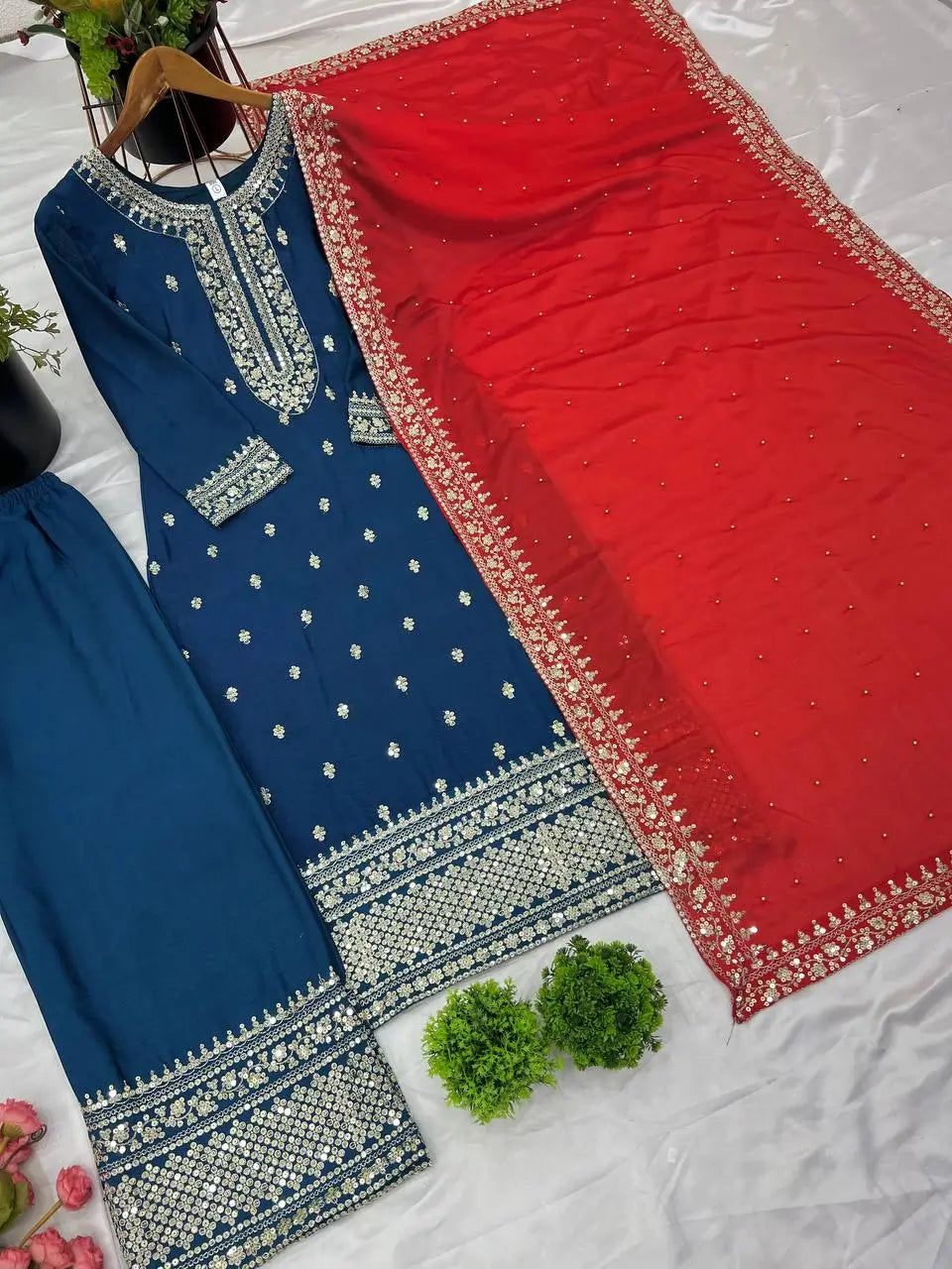 Embroidered Chinnon Silk Suit Set with Dupatta
