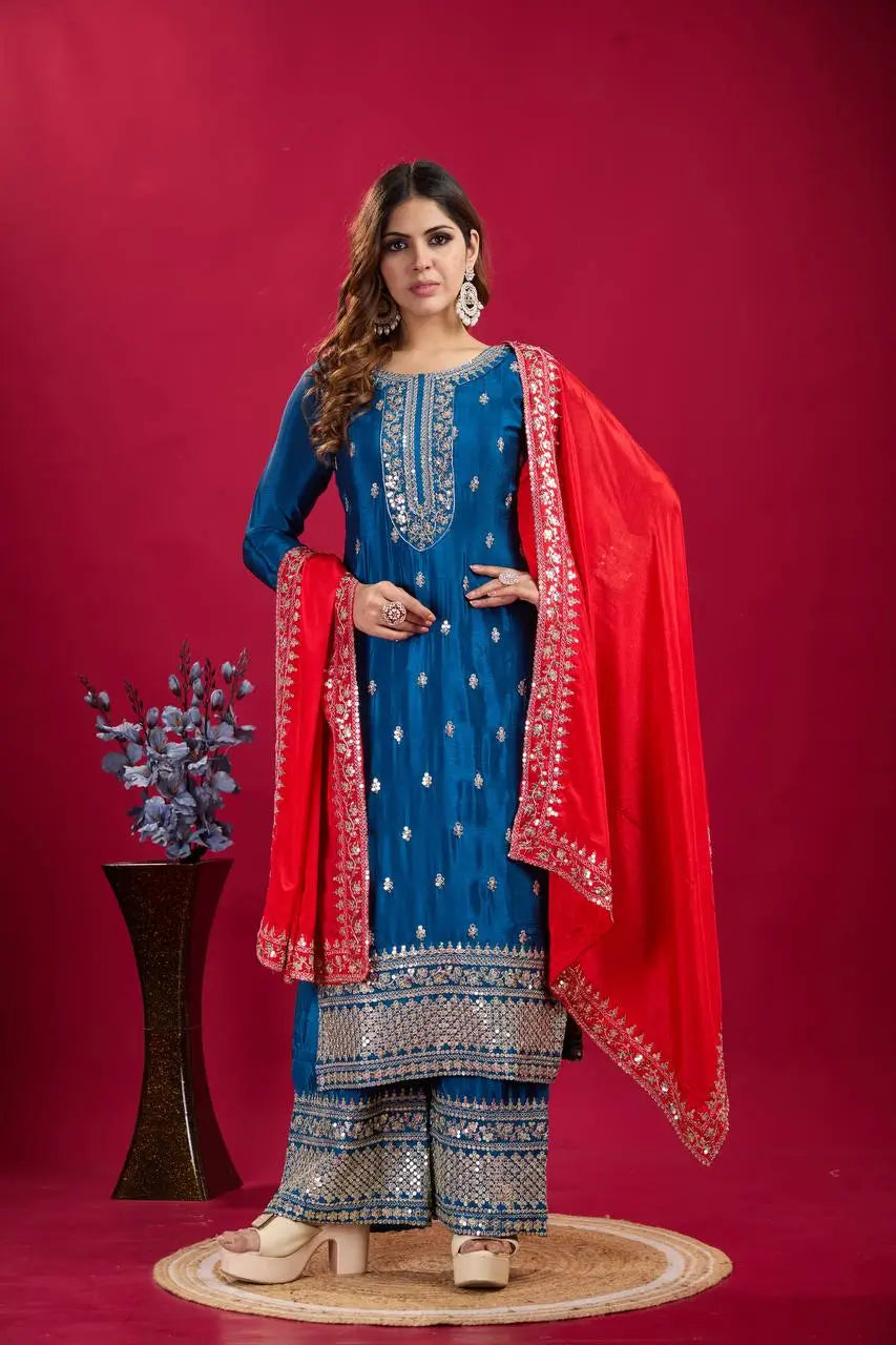 Embroidered Chinnon Silk Suit Set with Dupatta