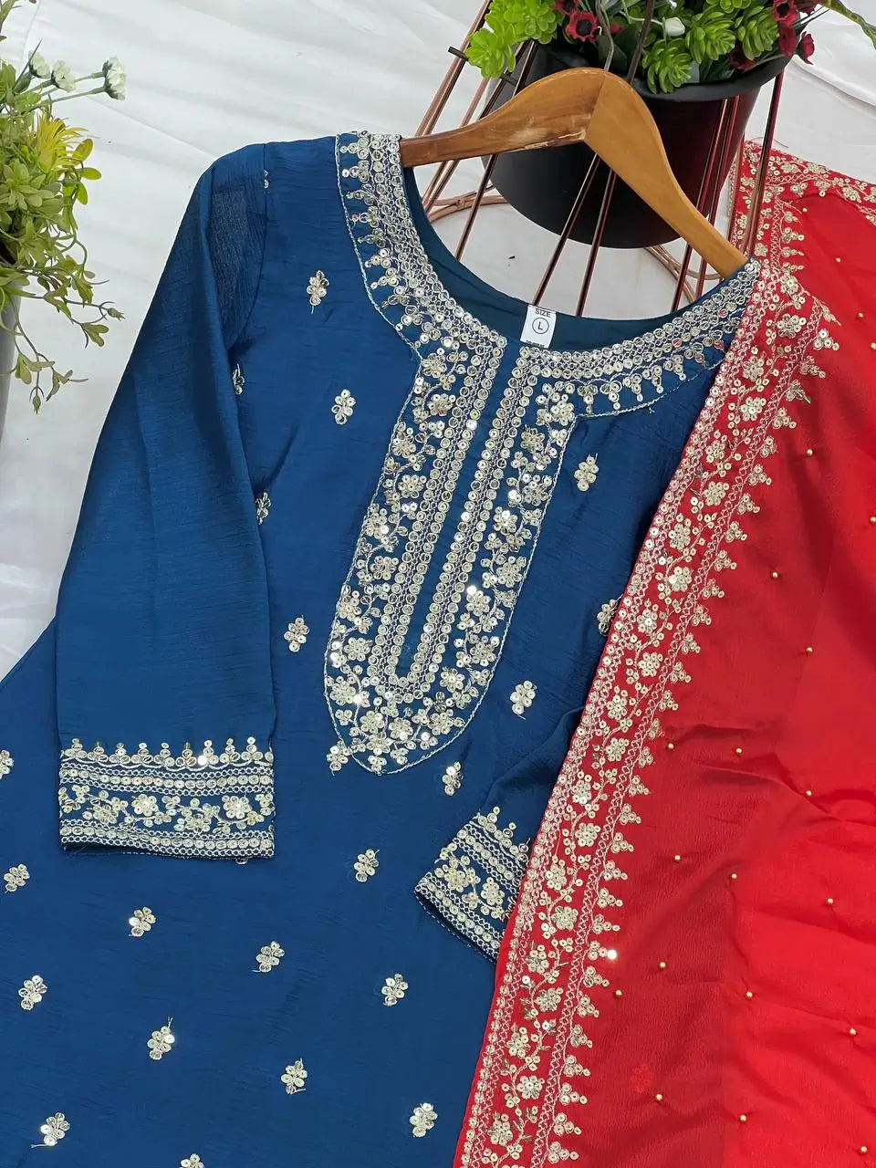 Embroidered Chinnon Silk Suit Set with Dupatta