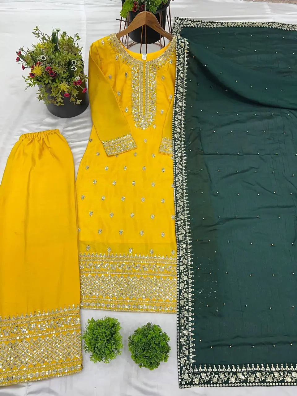 Embroidered Chinnon Silk Suit Set with Dupatta