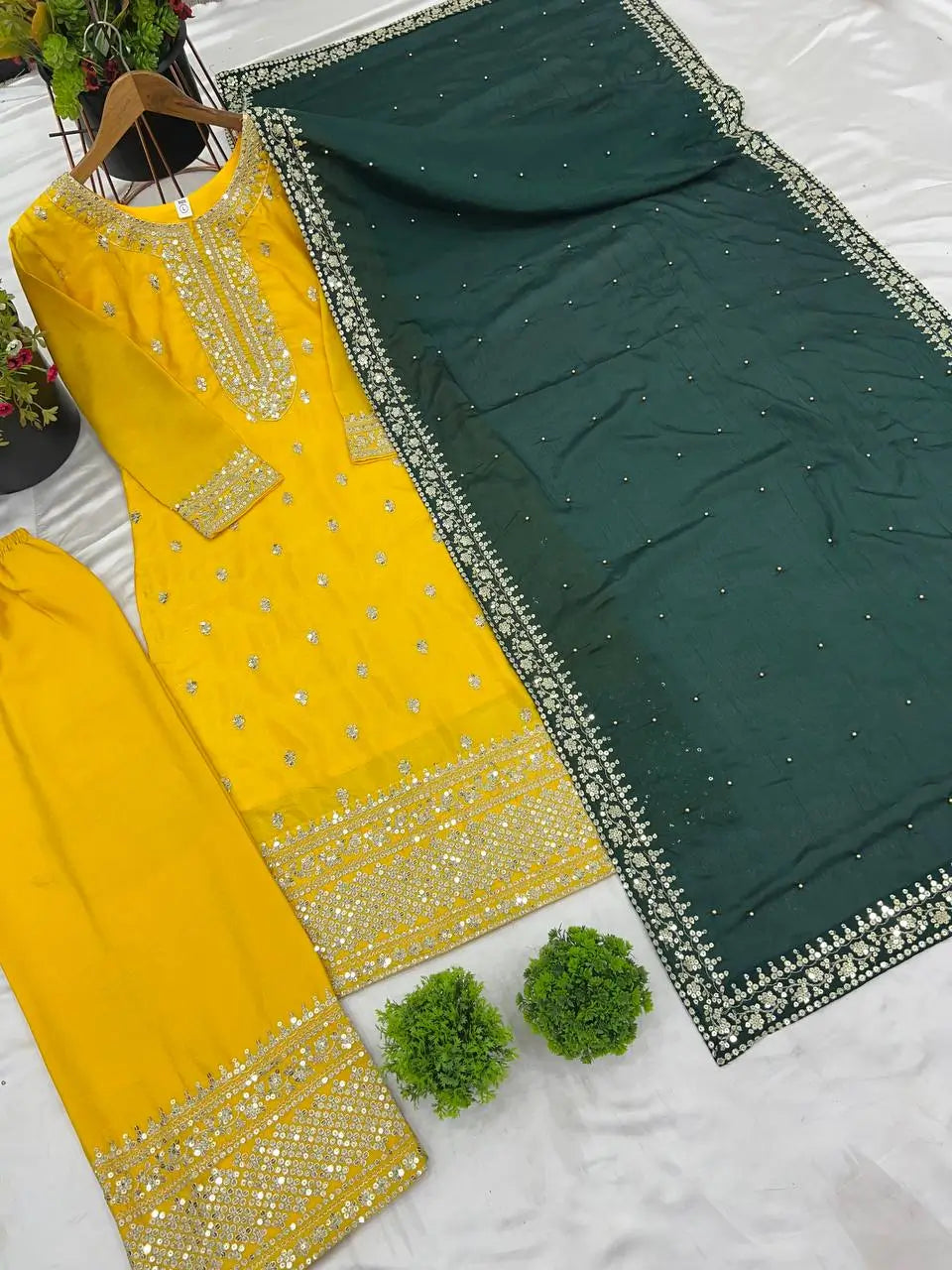 Embroidered Chinnon Silk Suit Set with Dupatta