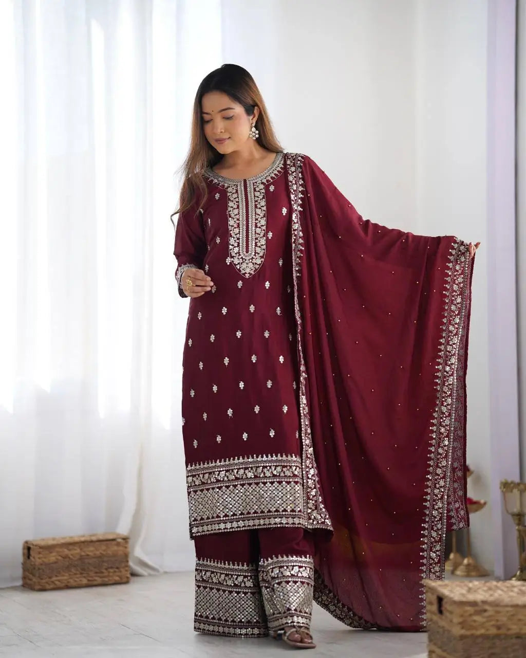 Embroidered Chinnon Silk Suit Set with Dupatta