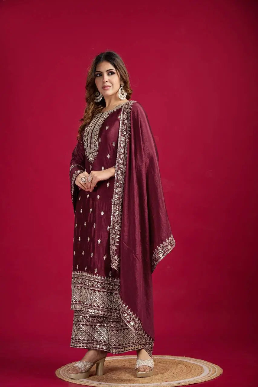Embroidered Chinnon Silk Suit Set with Dupatta