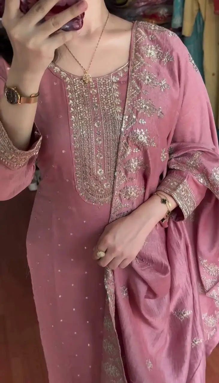 Embroidered Chinnon Silk Suit Set with Dupatta