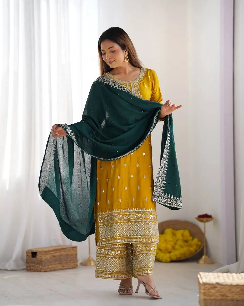Embroidered Chinnon Silk Suit Set with Dupatta