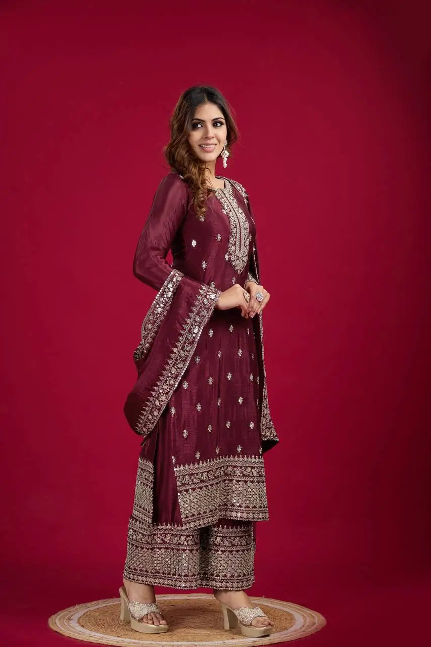 Embroidered Chinnon Silk Suit Set with Dupatta