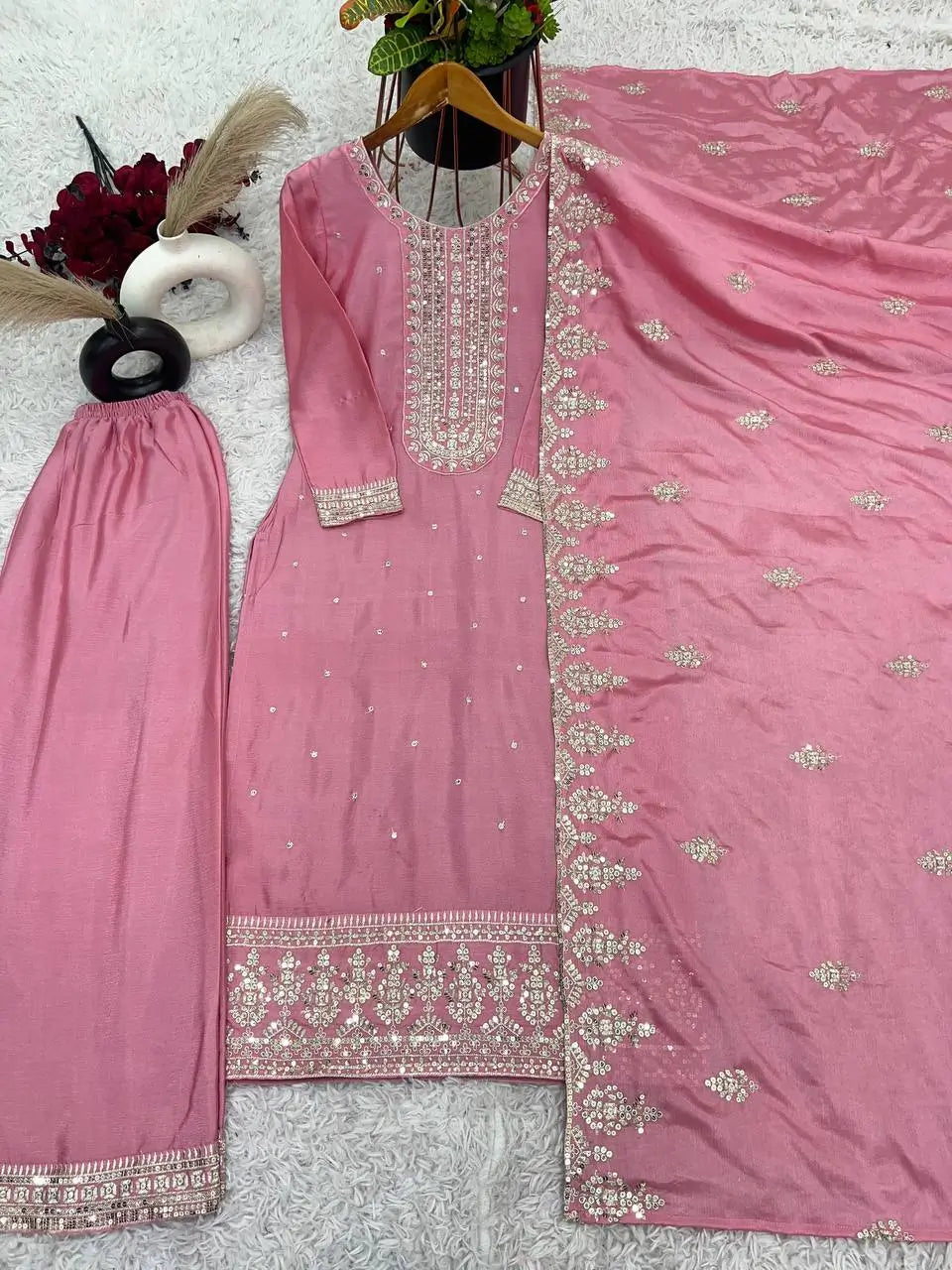 Embroidered Chinnon Silk Suit Set with Dupatta