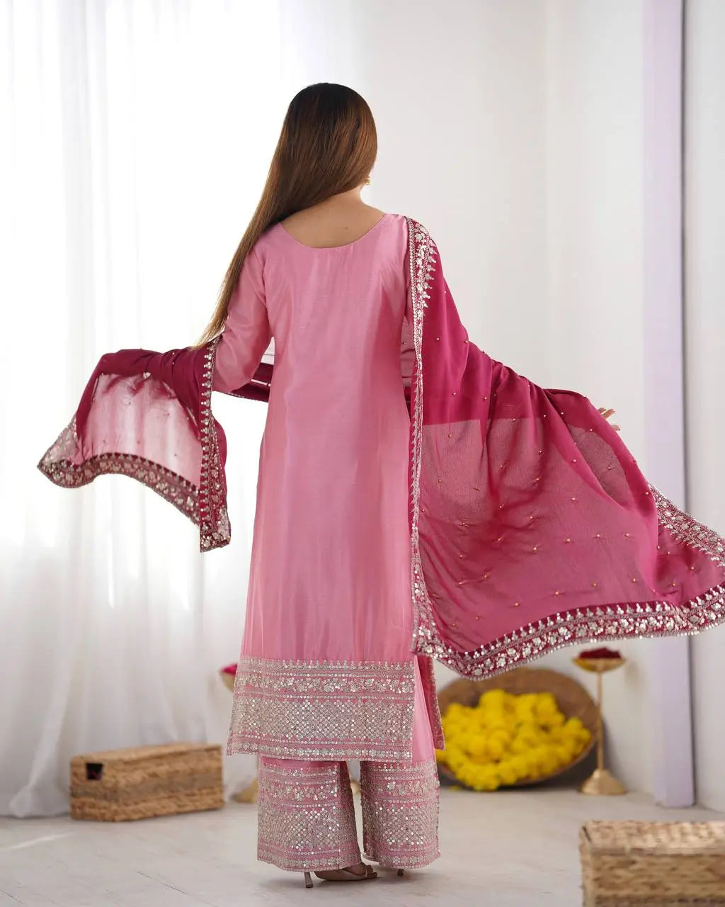 Embroidered Chinnon Silk Suit Set with Dupatta