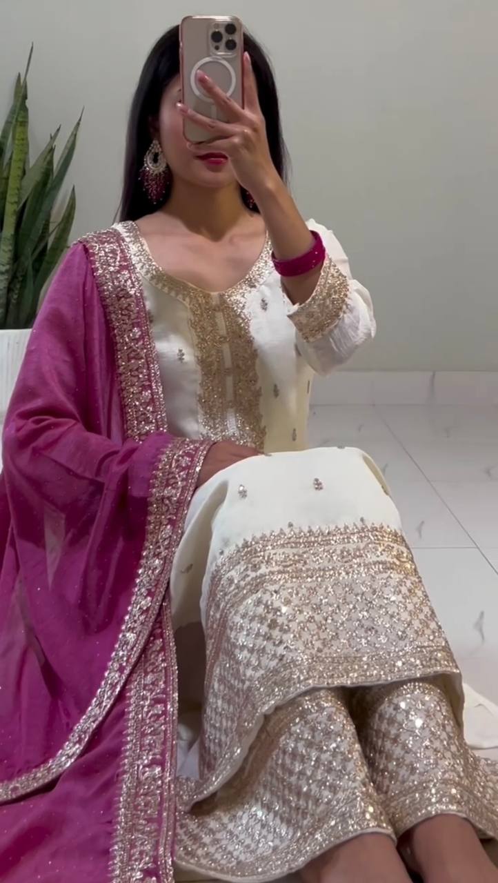 Embroidered Chinnon Silk Suit Set with Dupatta