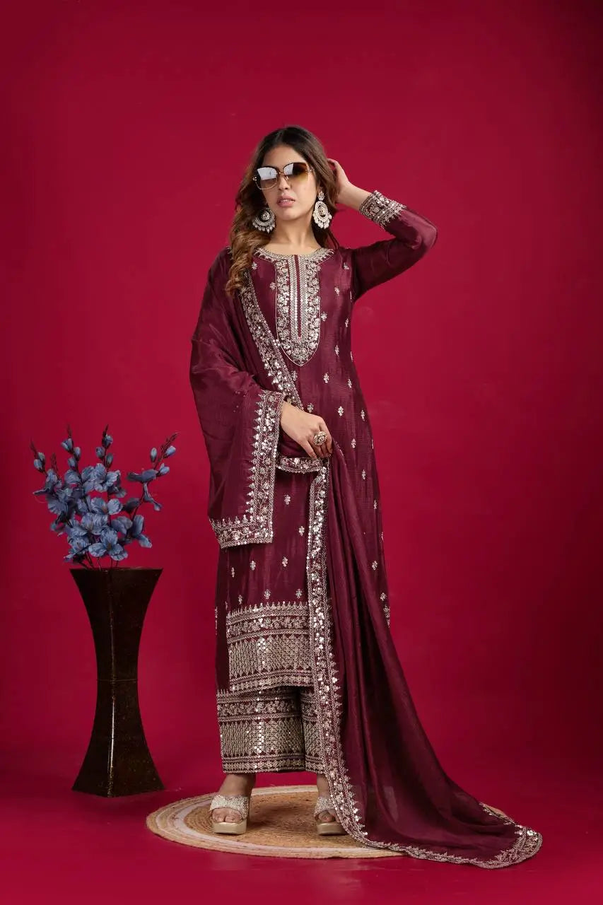 Embroidered Chinnon Silk Suit Set with Dupatta
