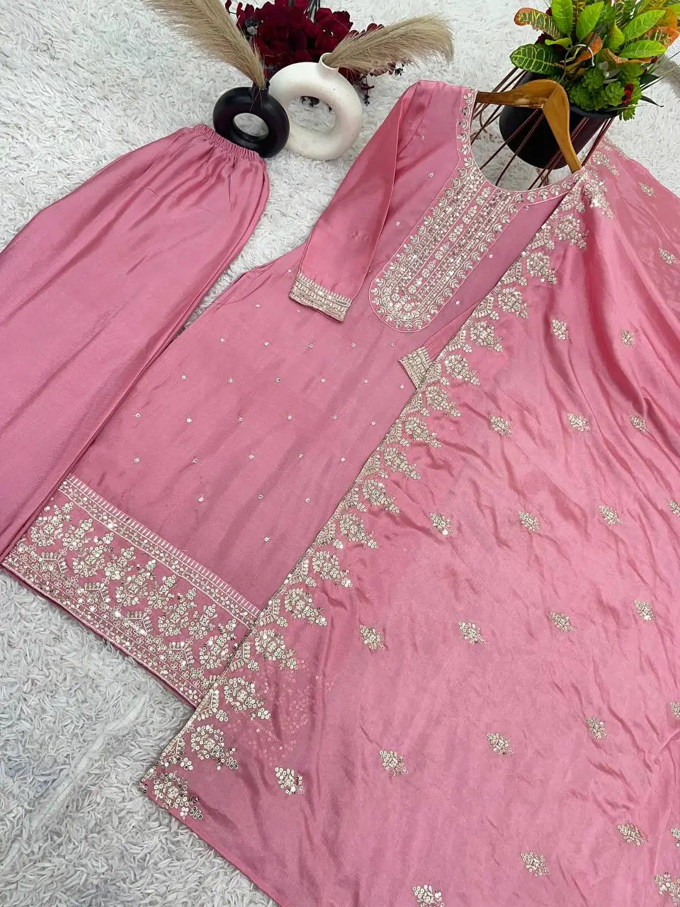 Embroidered Chinnon Silk Suit Set with Dupatta