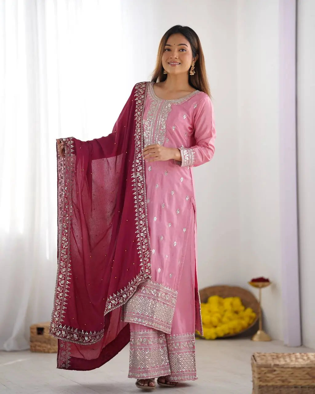 Embroidered Chinnon Silk Suit Set with Dupatta