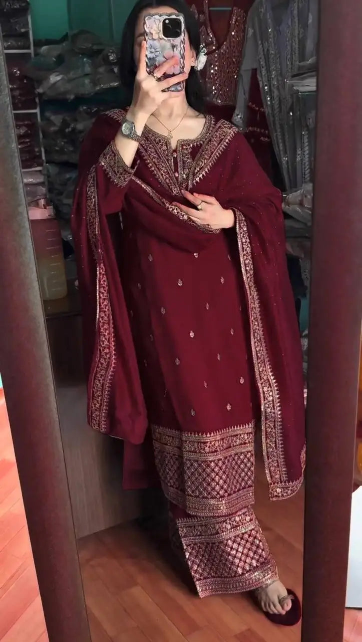 Embroidered Chinnon Silk Suit Set with Dupatta