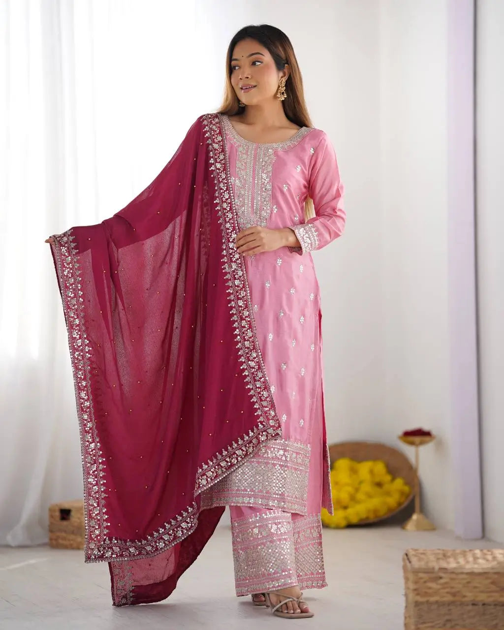 Embroidered Chinnon Silk Suit Set with Dupatta