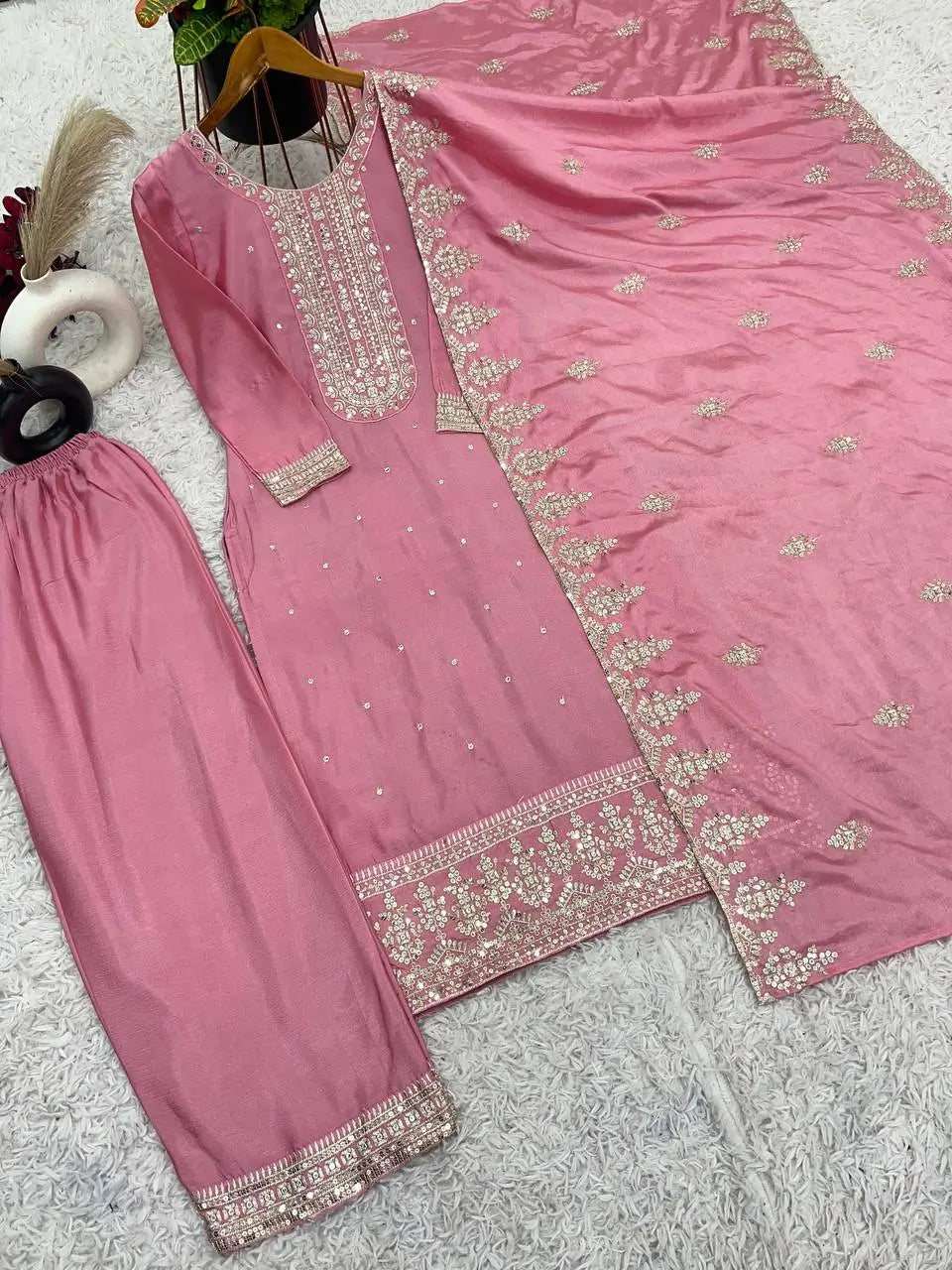 Embroidered Chinnon Silk Suit Set with Dupatta