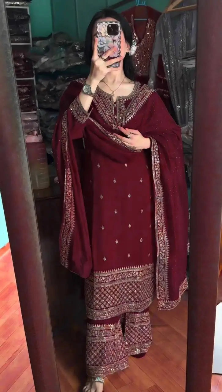 Embroidered Chinnon Silk Suit Set with Dupatta